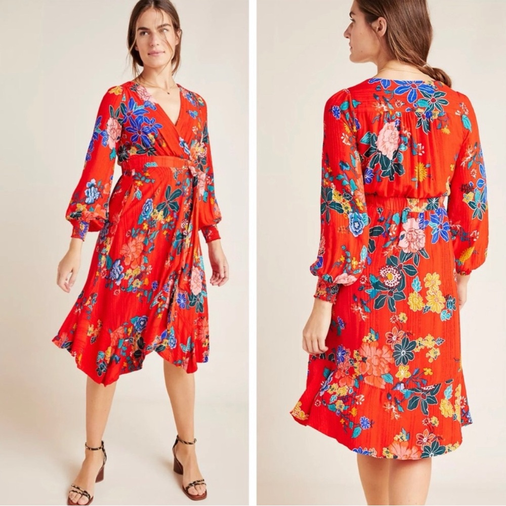 Anthropologie Boswell Floral Red Wrap Dress - Size 8